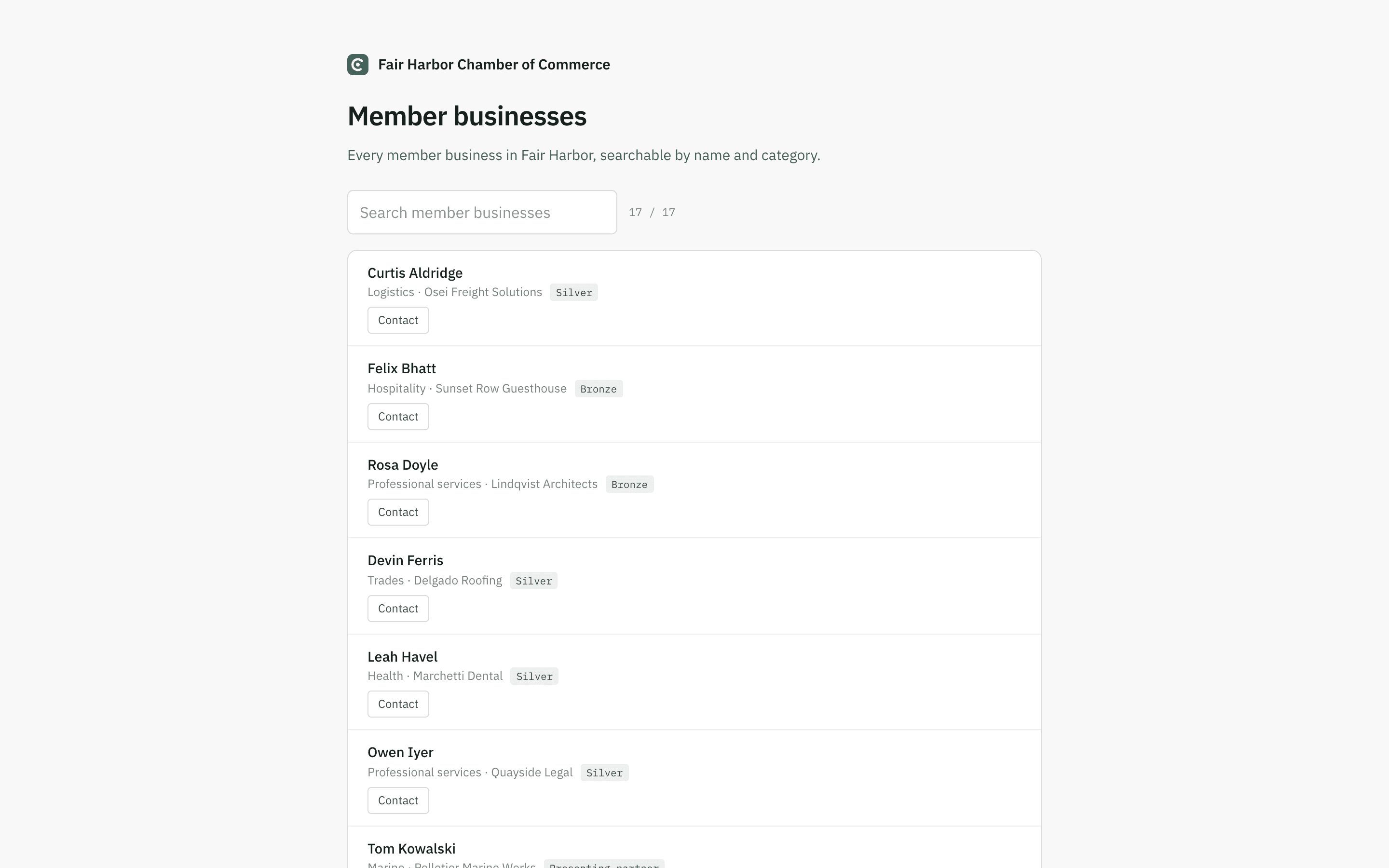The GatherAMS public member directory for a chamber of commerce — searchable, member-maintained, embeddable on an existing website
