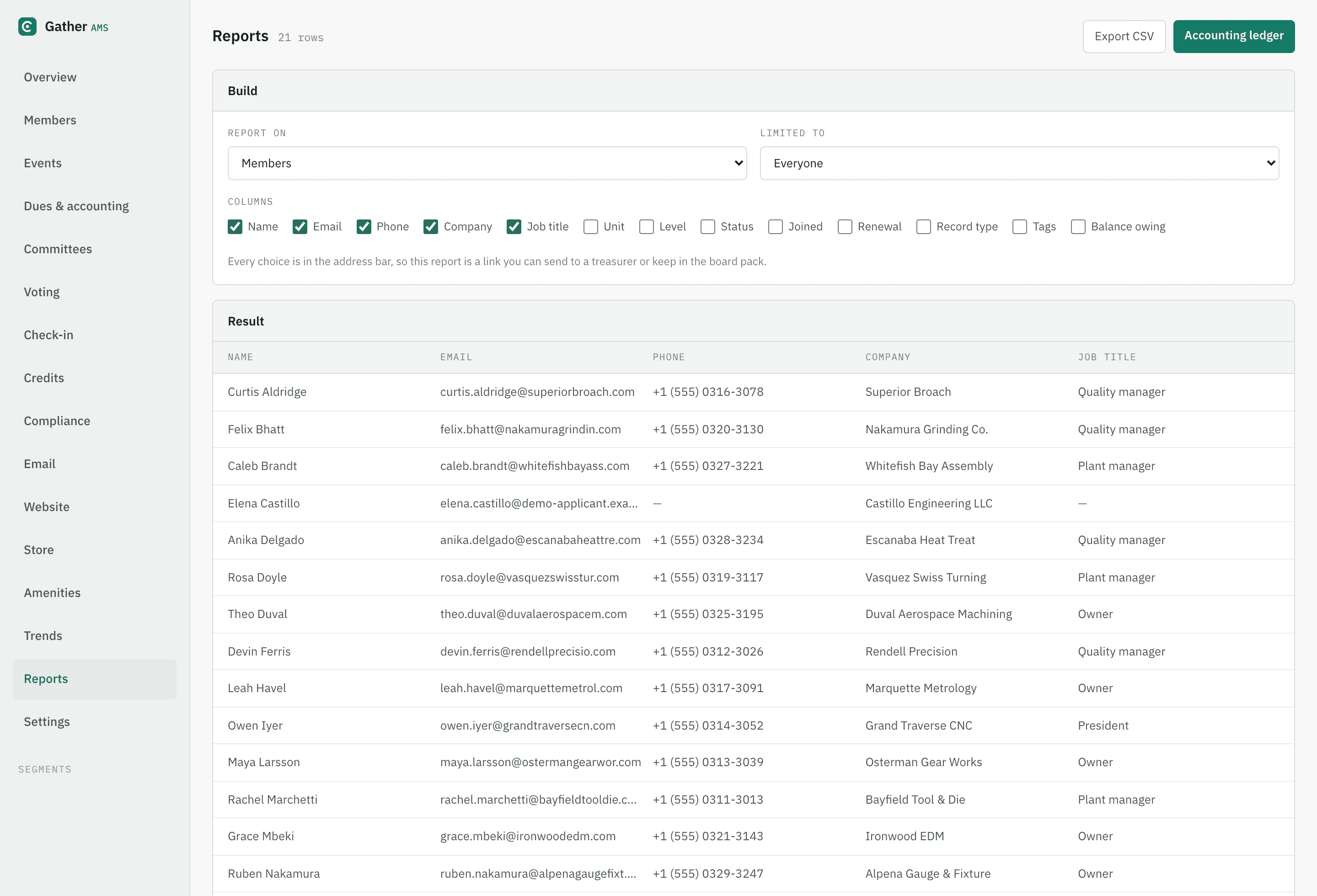 The report builder in the live demo association: subject and column pickers over a members result table, with CSV and ledger export buttons